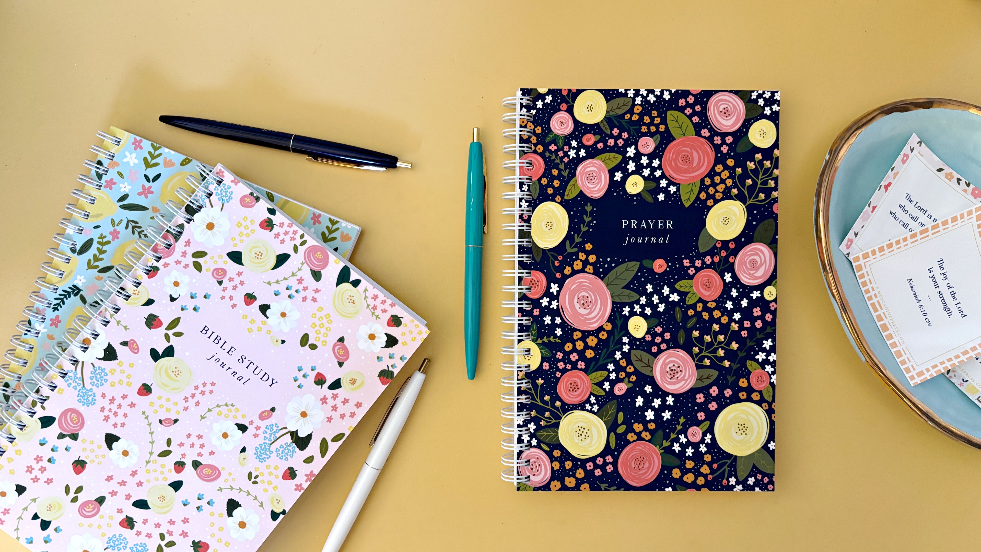 Floral patterned Bible study journals and pens from Muscadine Press